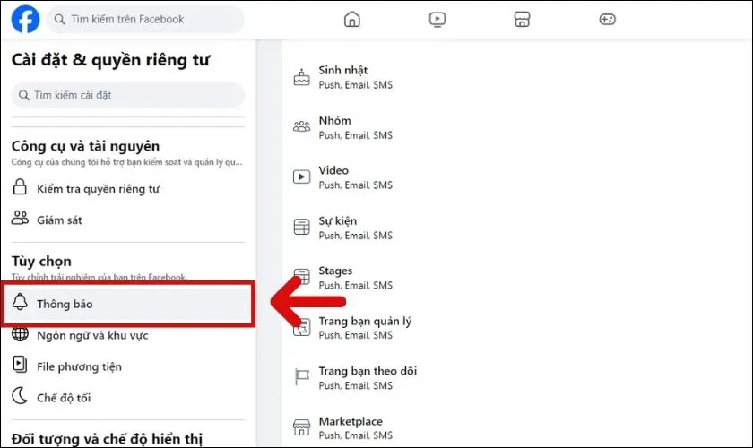 Tìm và nhấn chọn Thông báo