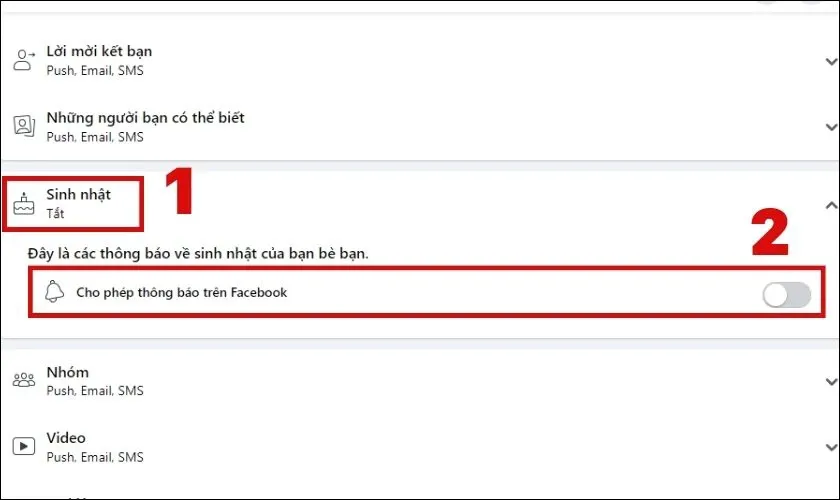 Click chọn Sinh nhật và nhấn tắt