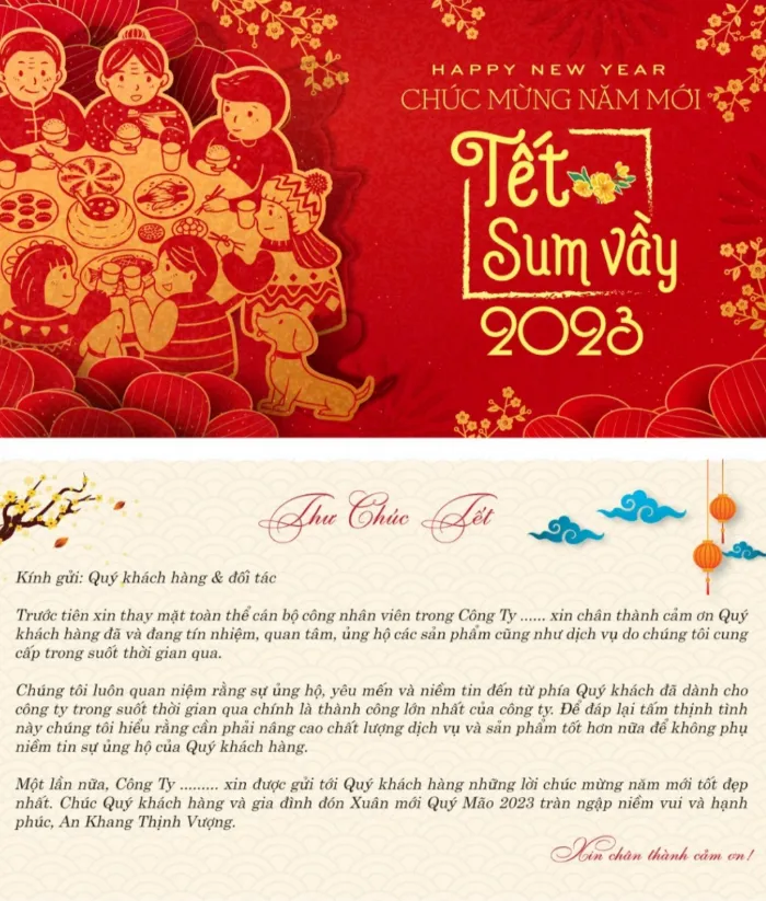 Mẫu thiệp kết hợp hài hòa giữa hình ảnh sản phẩm và không khí Tết