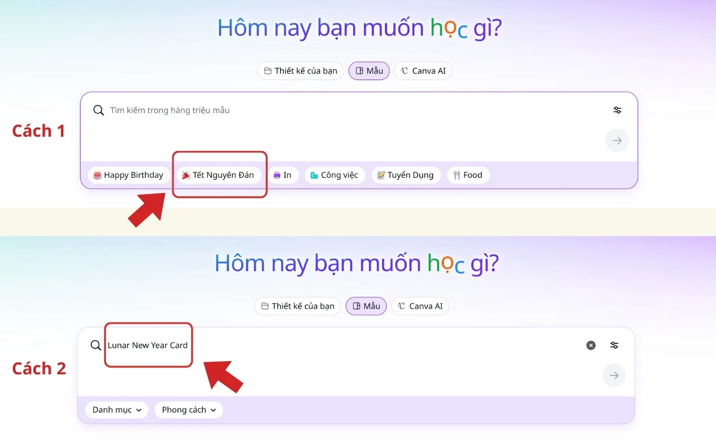 Hai cách tìm chủ đề Tết trên Canva: chọn gợi ý hoặc tìm kiếm từ khóa