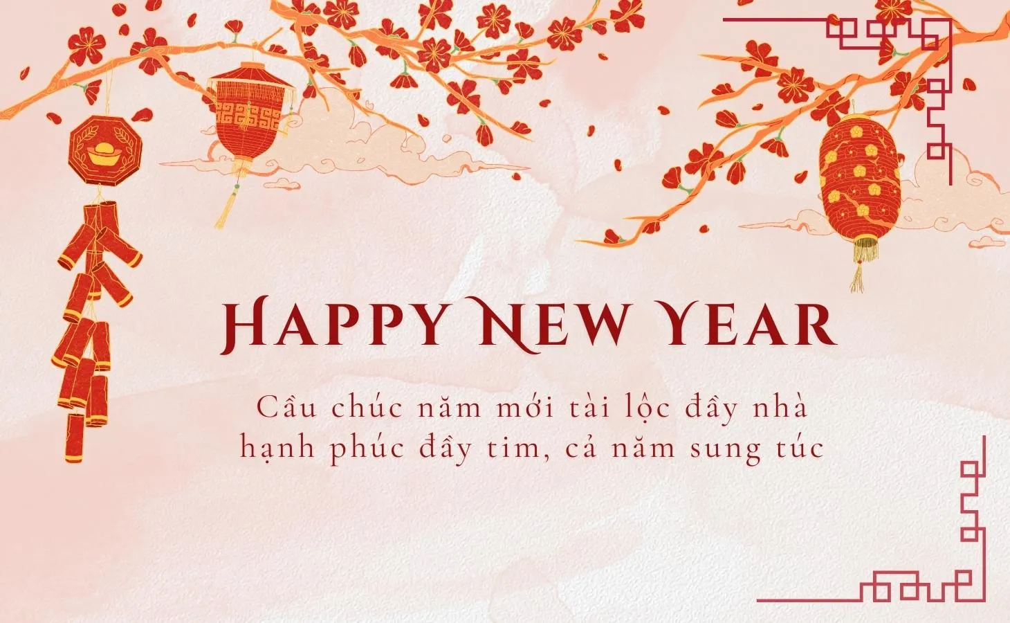 Thiệp Tết Việt Nam với họa tiết hoa đào và chữ Phúc