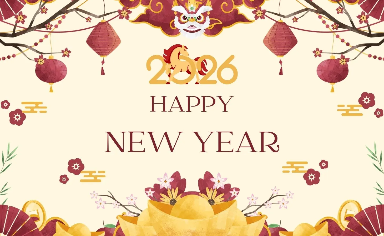 Thiệp chúc năm mới phong cách dân gian với múa lân và pháo hoa