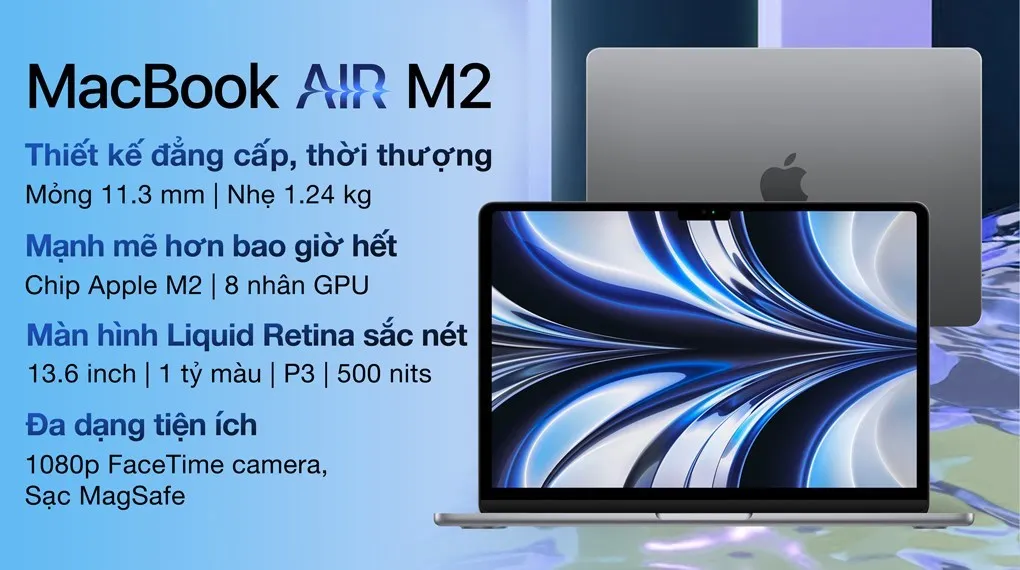 Laptop Apple MacBook Air 13 inch M2 16GB/256GB có bộ nhớ RAM 16 GB cho khả năng đa nhiệm được nâng cao đáng kể