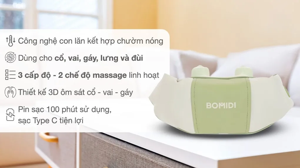 Máy massage cổ vai gáy Bomidi MP2 Lite mang đến trải nghiệm thư giãn sâu với công nghệ con lăn kết hợp chườm nóng, giúp giảm mỏi nhanh chóng.