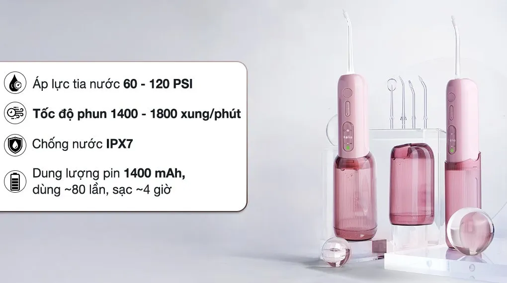 Máy tăm nước Halio UltraClean Express Hydro Floss Muted Rose có thiết kế nhỏ gọn, dễ tháo lắp, dung tích lớn, áp lực phun mạnh và nhiều chế độ tiện ích