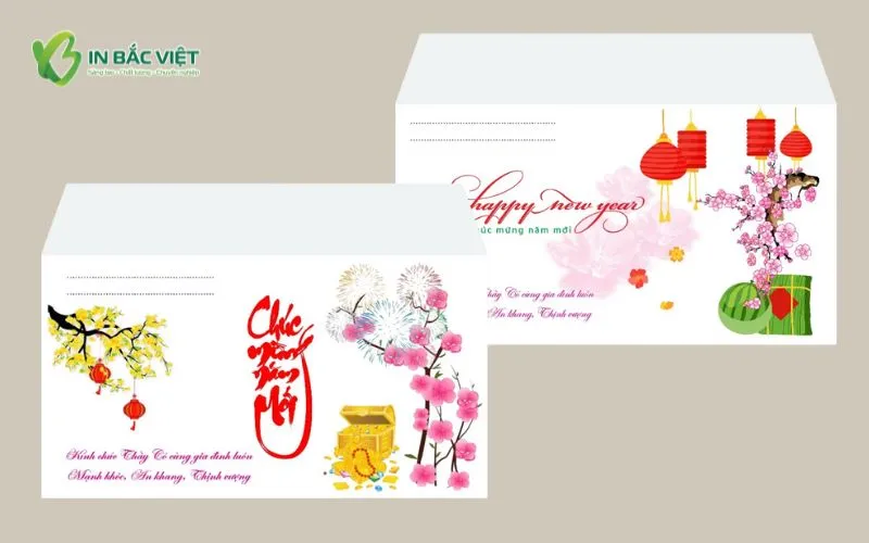 Máu phong bì Tết 2026 với họa tiết hoa mai và hoa đào truyền thống